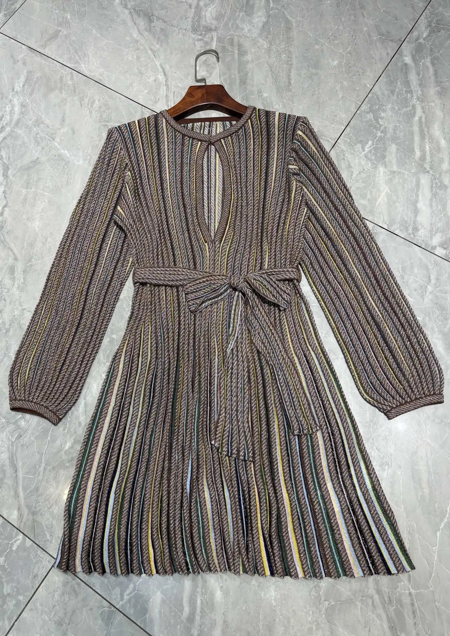 2026 New Women's Sequins Striped Knitted Dress Hollow Out O-Neck Long Sleeve High Waist Fashion Mini Robe