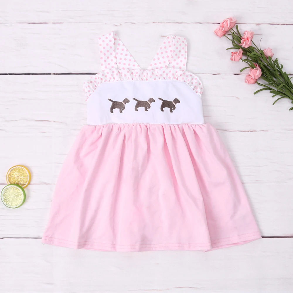 2023 New Exquisite Summer Pink Cotton Sleeveless Dot Fold Neck Dress Puppy Embroidery Girl Strape Skirt Pink Bow Clothes