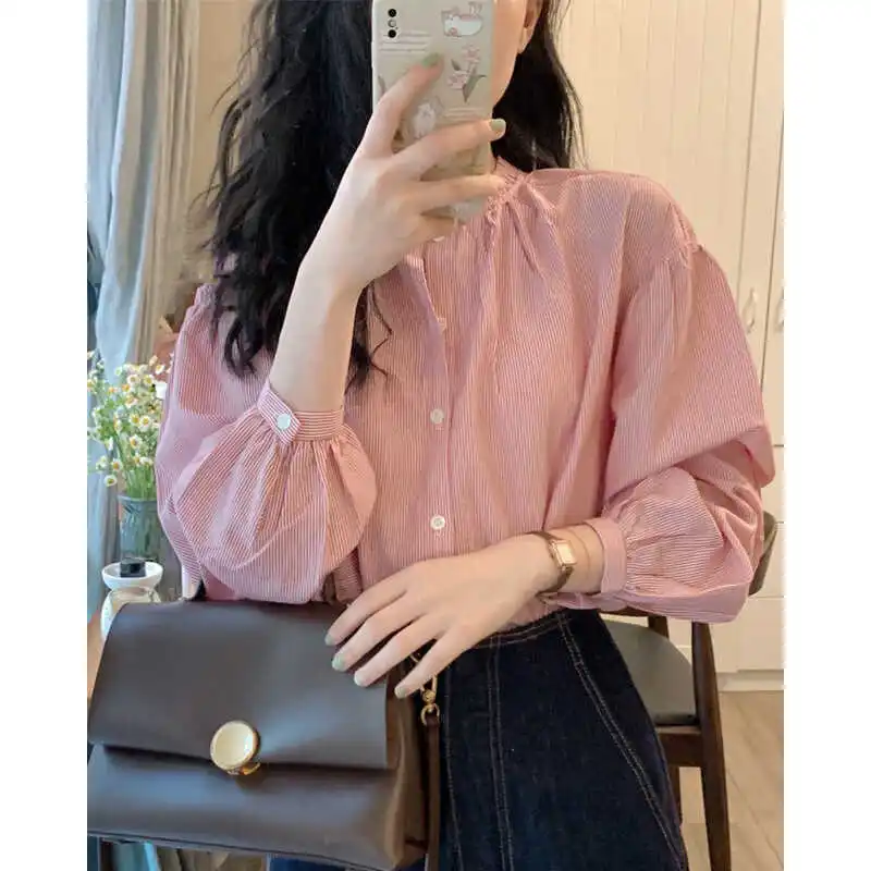 

Женский шифоновый длинный све в розовую полоску, весенне-осенний модный топ небольшого размера, корейский свободный крой