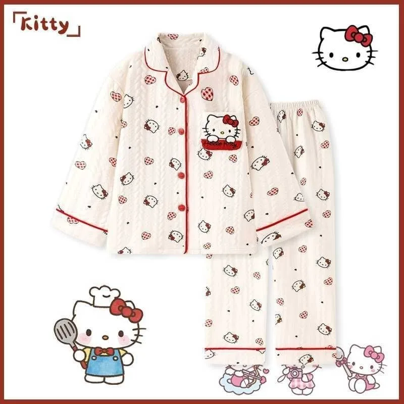 

Hello Kitty Cozy Pajamas for Girl in Autumn Winter Thickened Air Cotton Long-sleeved Trousers Cute Soft Home Clothes Warm Suit