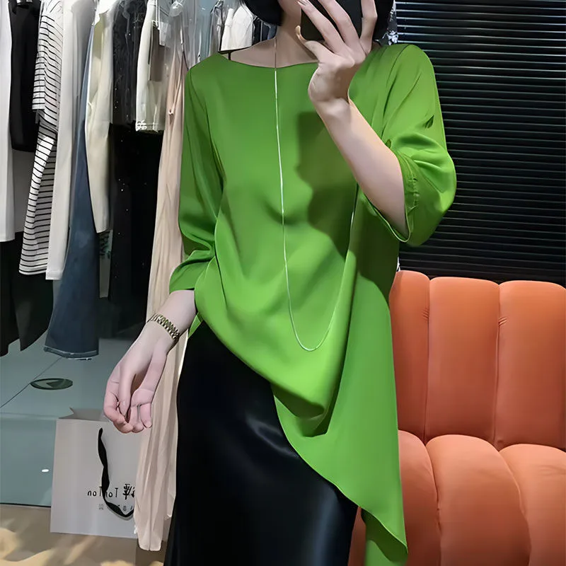 

2025 New Autumn Thin Soft Green Ittegular Blouse Women Chinese Style O Neck Half Sleeve Silk Chiffon Loose Split Shirt