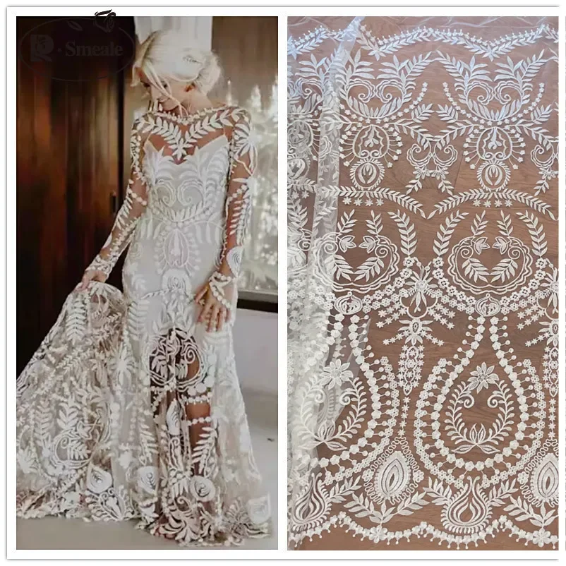 Sequined Embroidered Lace Fabric, Big Flowers, Wedding Dress, DIY Accessories, Off White Skin, RS4043