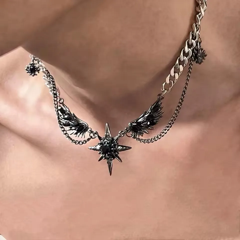 Punk Gothic Flügel Schwarz Stern Anhänger Silber Farbe Kette Halskette Für Frauen Männer Einzigartige Personalisierte Straße Zubehör Schmuck – Detail 2