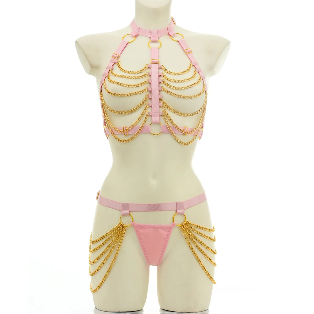 

Pink Sexy Rave Harness Bra Goth Fetish Body Chain Cage Set Goth Dance High Waist Adjustable Ring Chain G-String Sexy Lingerie