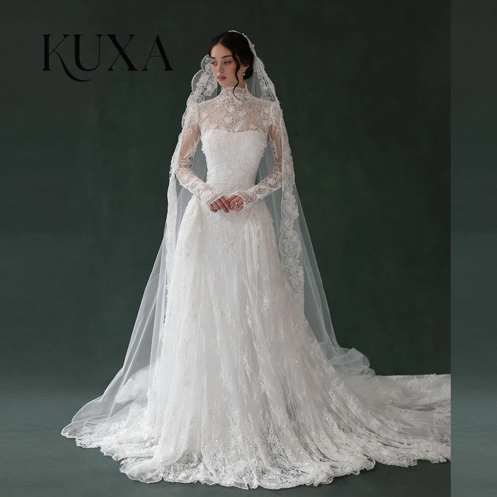 KUXA Elegant High Neck Long Sleeves Wedding Dresses Full Lace Appliques A-Line Cathedral Train Bridal Gowns Customized 2027