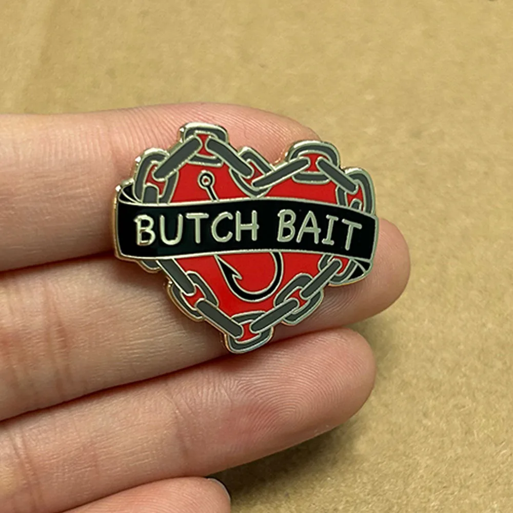 Butch Bait Enamel Pin Chain Red Heart Badge Lesbian Butch Femme Brooch LGBT Gift