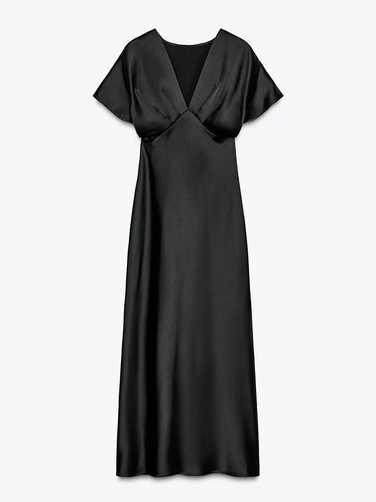 春の新作 レディース ワンピース エレガント シルクサテン 半袖 Vネック ミディアム丈 Aライン ガウン ハイウエスト ロングスカート ワンピース