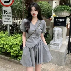 Irregular Short Sets Women V-neck Short-sleeved Solid Color T-shirts + High Waist Drawstring Shorts Summer Two-piece Set Female