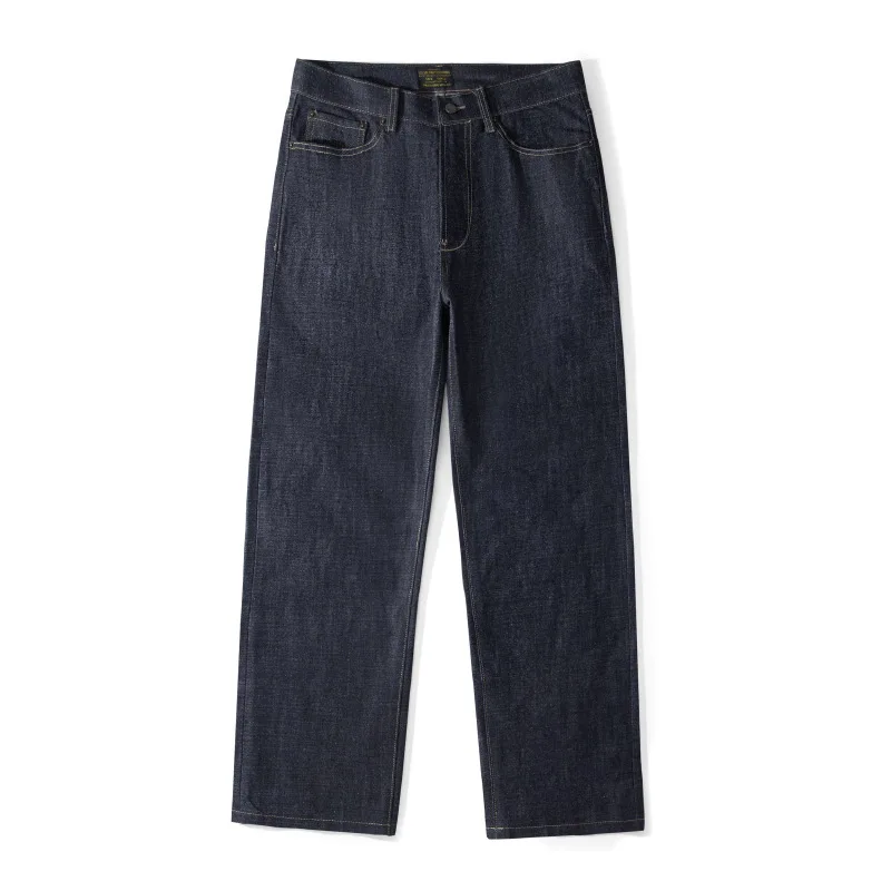 American European New Fashion Men Dark Blue Solid Color Loose Fit Simple Basic Casual Denim Trousers Male Streetwear Clothes
