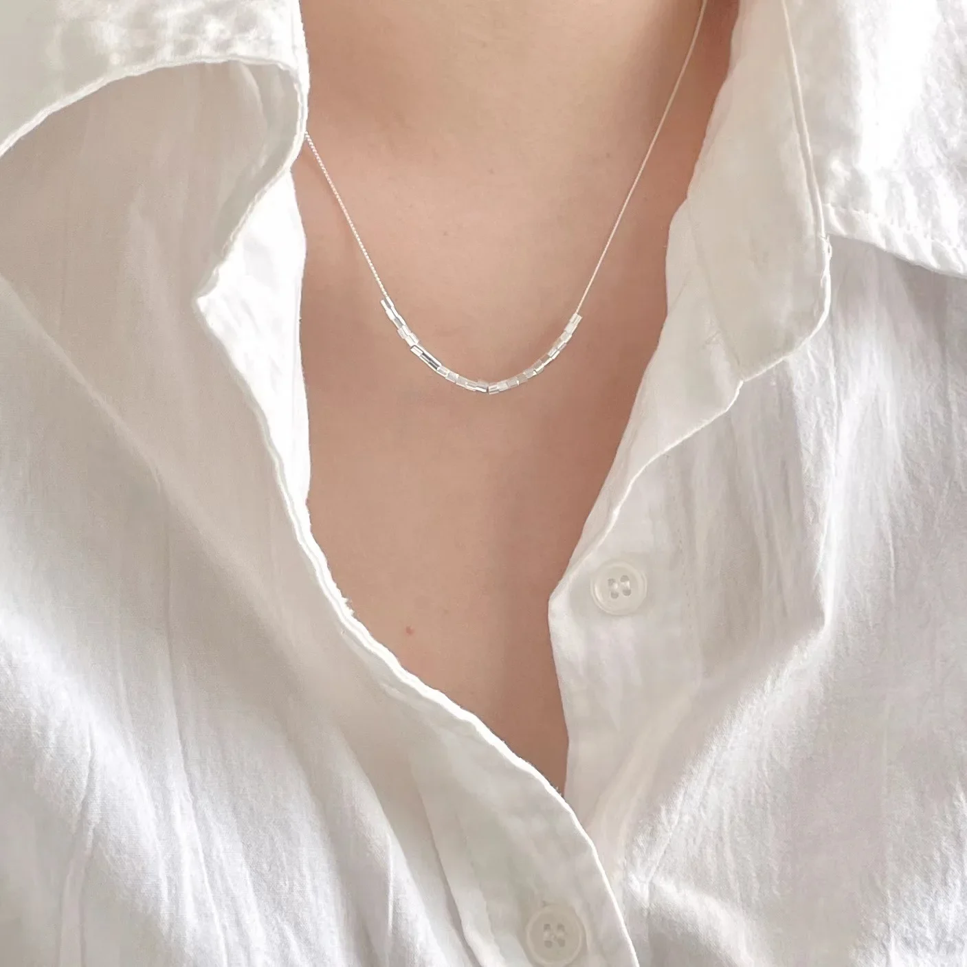 S925 Sterling Silver Small Square Cube Beads Necklace Female Simple Clavicle Chain Necklace Simple Handmade Women Jewelry Gift