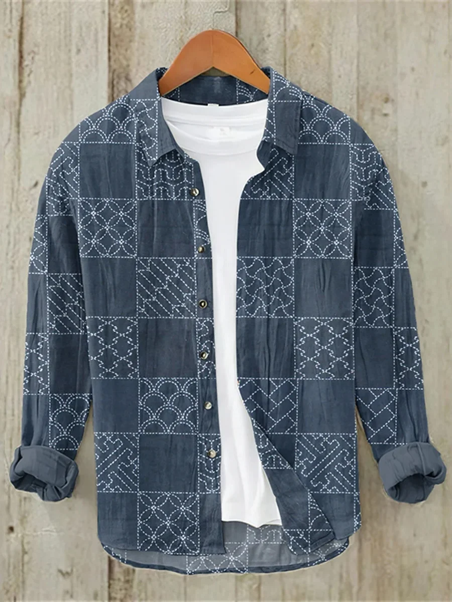 New Men's Long-sleeved Shirts Mens Linen Shirts High-quality Men Clothing Japanese Fashion Art Prints Camisa Punto Tejido Hombre