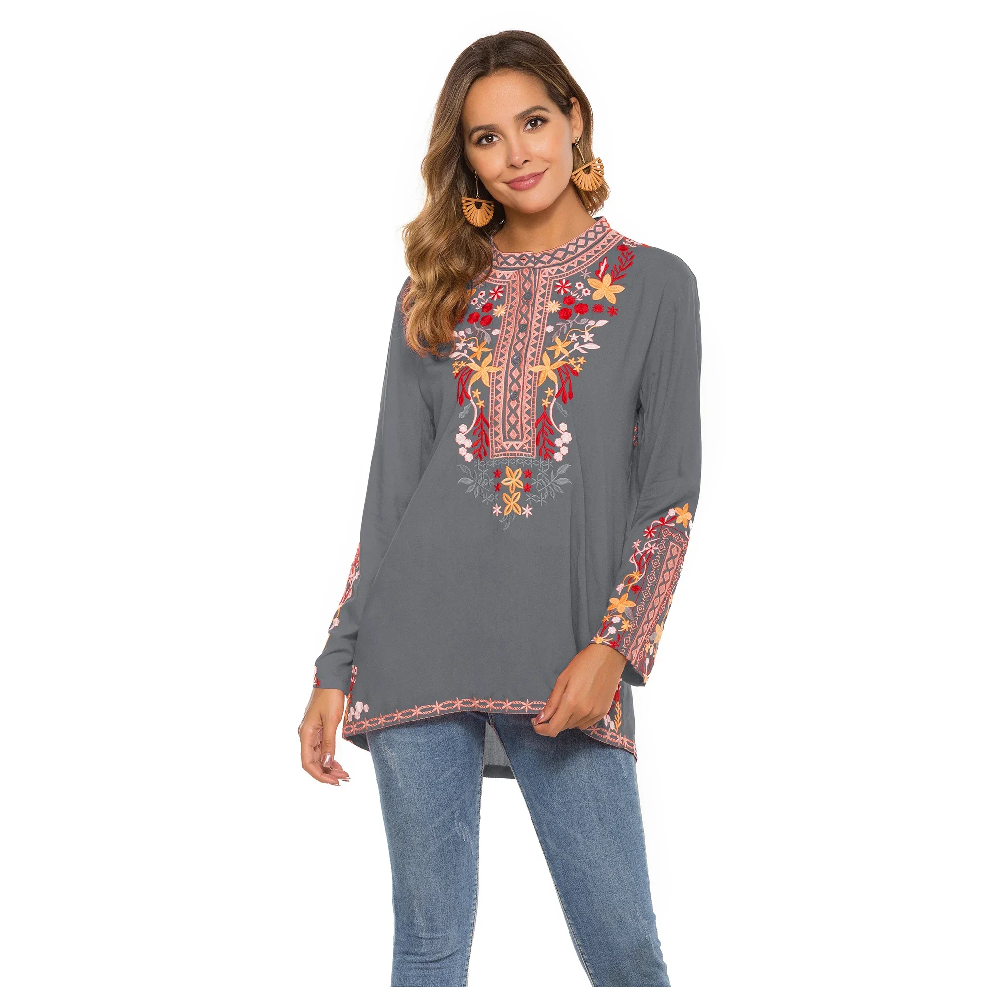 Embroidered Long Sleeved Top Mexican Bohemian Farmer Casual Loose Waistcoat Autumn Women's Shirt Tops  Shirts  Women Tops