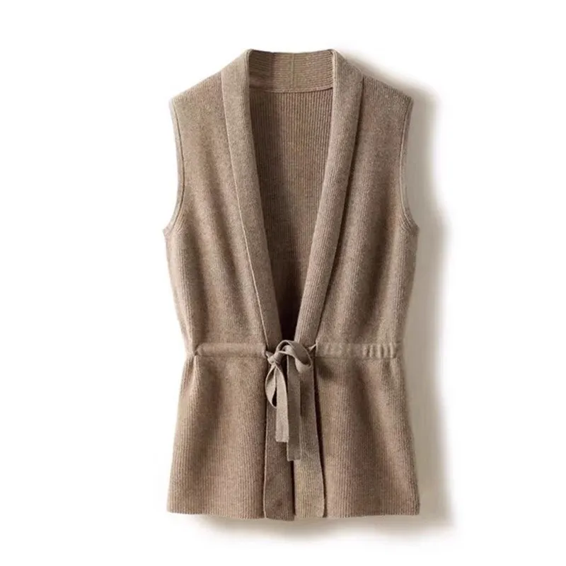 Women's Autumn/Winter Sleeveless Lapel Cardigan Vest 100% Merino Wool Sweater Basic Soft Knit Drawstring Vest Korean Top