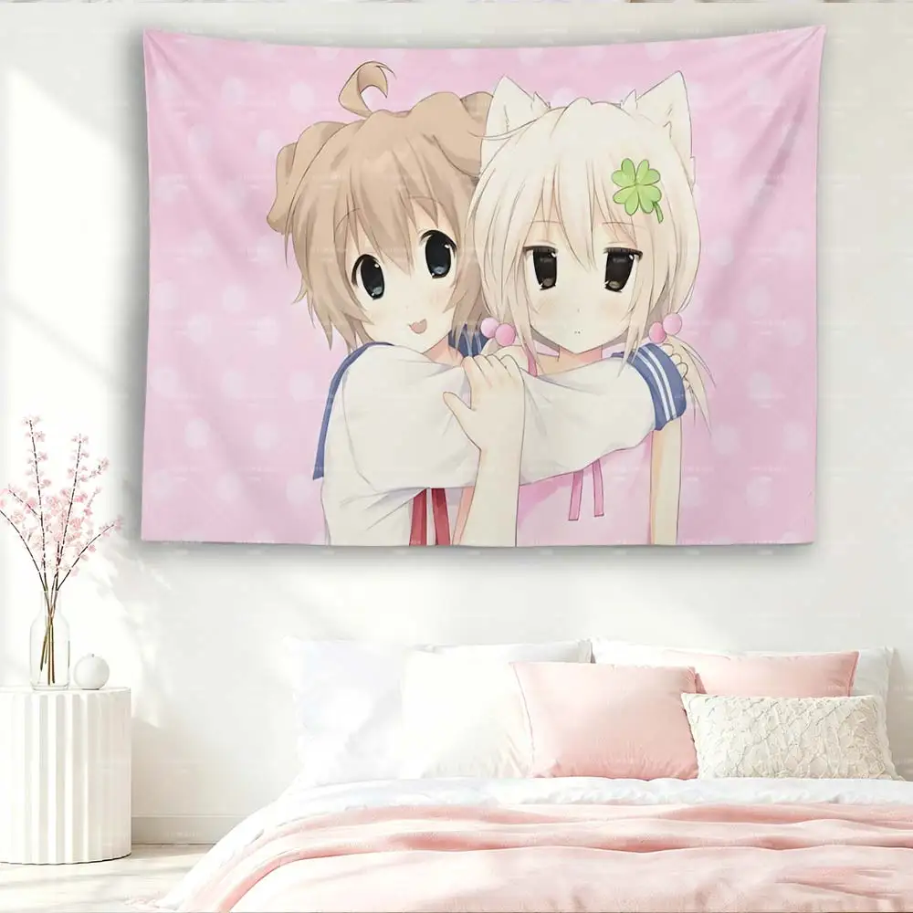 Kawaii Wandteppich mit Katzen- und Hundeohren für Mädchen, rosa gepunkteter Anime-Wandbehang für Schlafzimmer- und Wohnheimdekoration