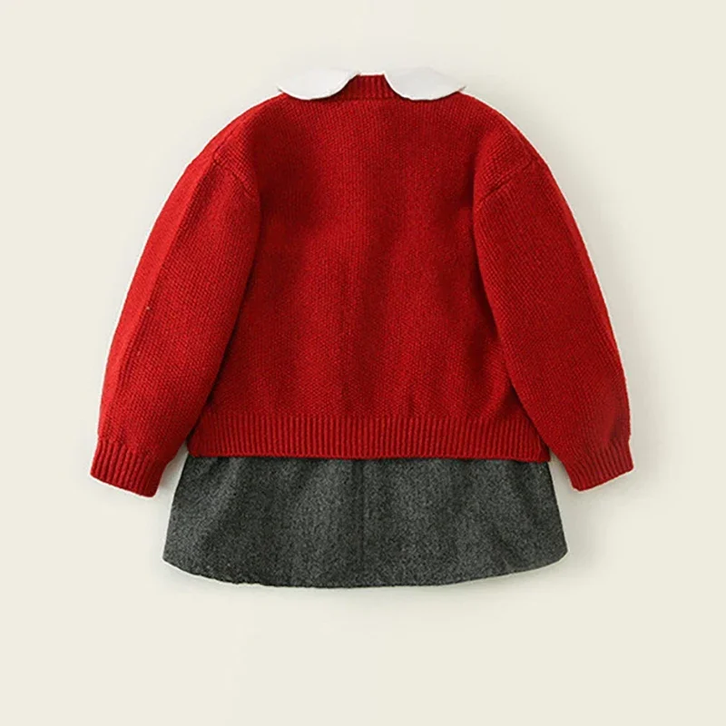 2024 Maglioni Set di vestiti per bambini Ragazze Cardigan Abiti di compleanno Battesimo per bambini Camicia bianca lavorata a maglia rossa Gilet 3