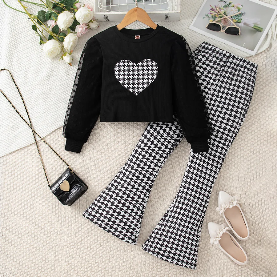 New Girls' Suit Pullover Children's Thousand Bird Grid Micro-pull Trousers Medium and Children's Two-piece Suit