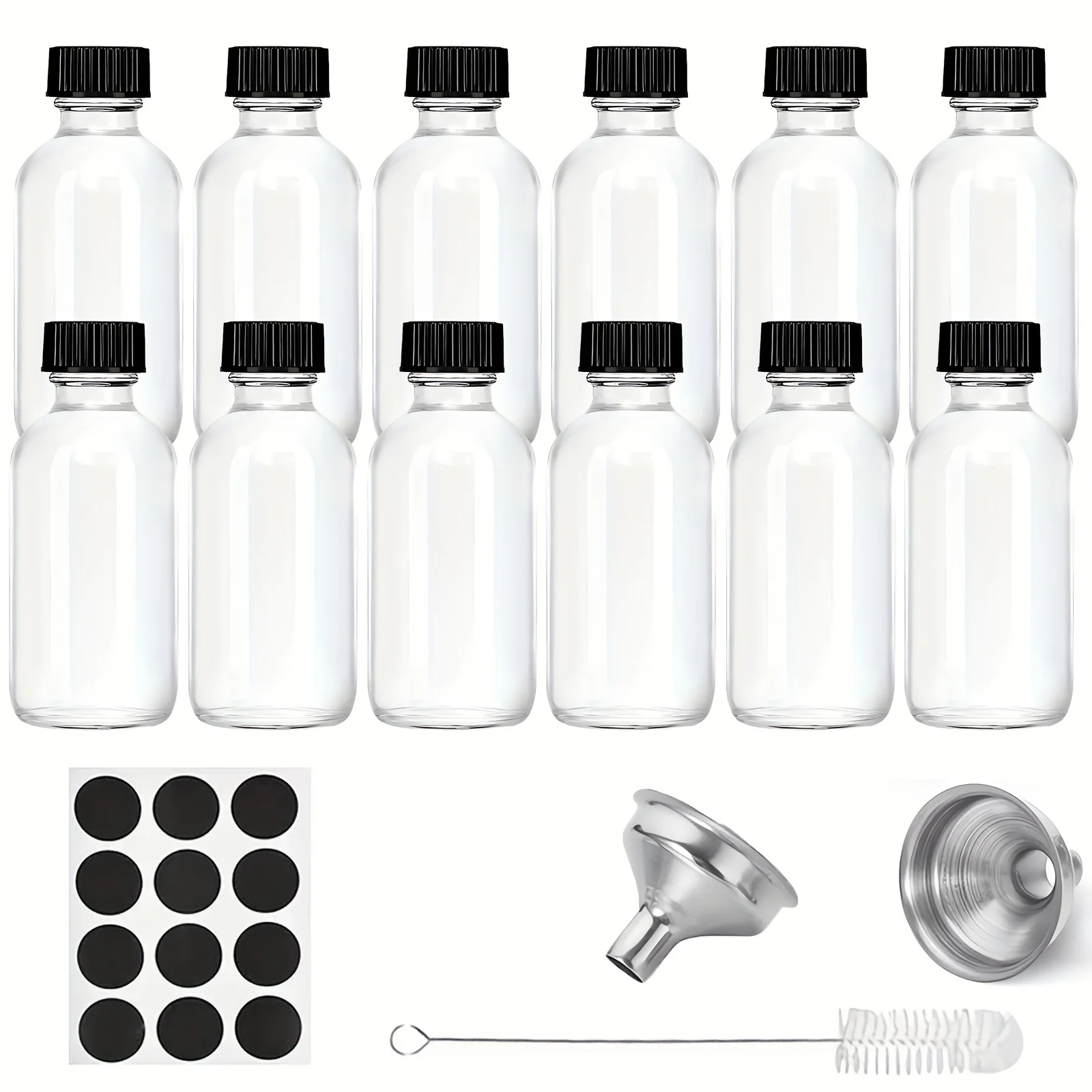

12pcs Glass Bottles With Lids And 2 Stainless Steel Funnels 2 Oz 60ml, Small Clear Glass Bottles For Potion, Juice, Wellness, Gi