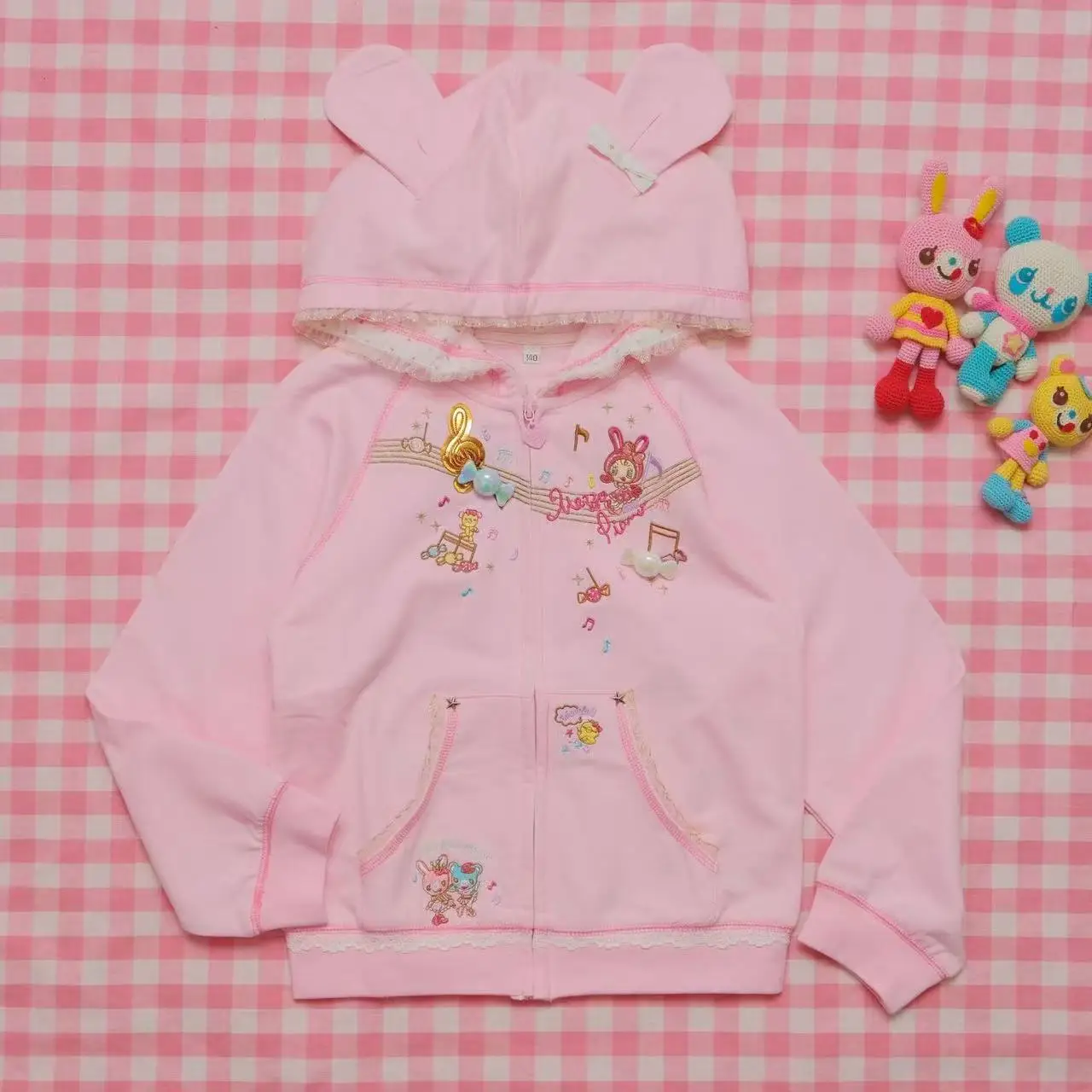 

Kawaii Japanese Hoodie Cartoon Patch Pocket Ruffle Trim Soft Girl Sweatshirt Zip-Up Fashion Cute Daily Casual Long-Sleeve Top