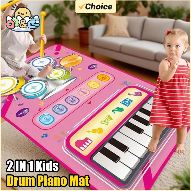 2 IN 1 Bambini Tamburo Piano Zerbino Pavimento Tastiera Tappetino da ballo Gioca a Tappeto musicale Strumento musicale Giocattolo per i più piccoli Ragazze Ragazzi Regali di Natale