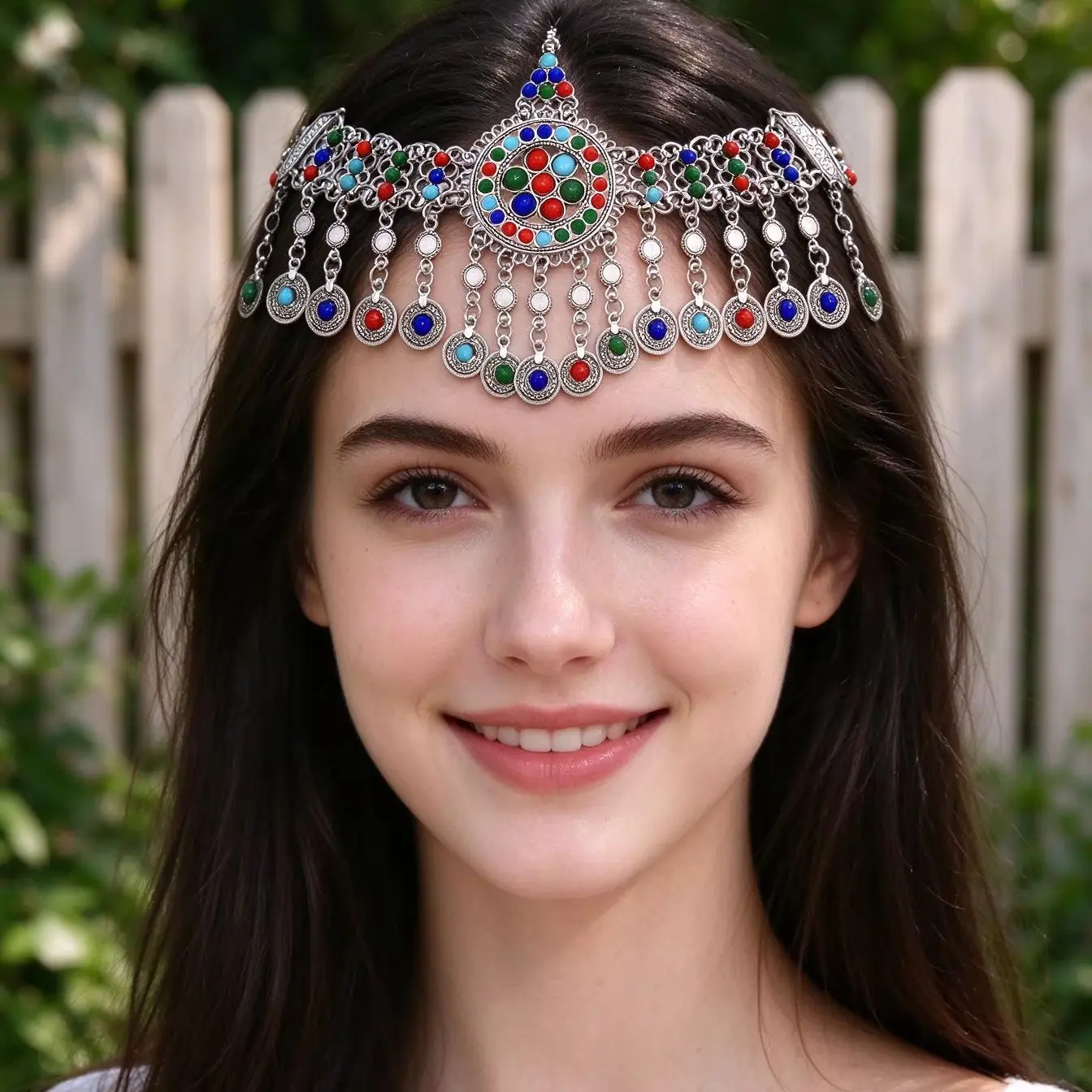 Bohemian Style Colorful Inlaid‑Stone Tassel Head Chain Women’s Dress up Hair Accessory Ethnic Vintage Exquisite Jewelry