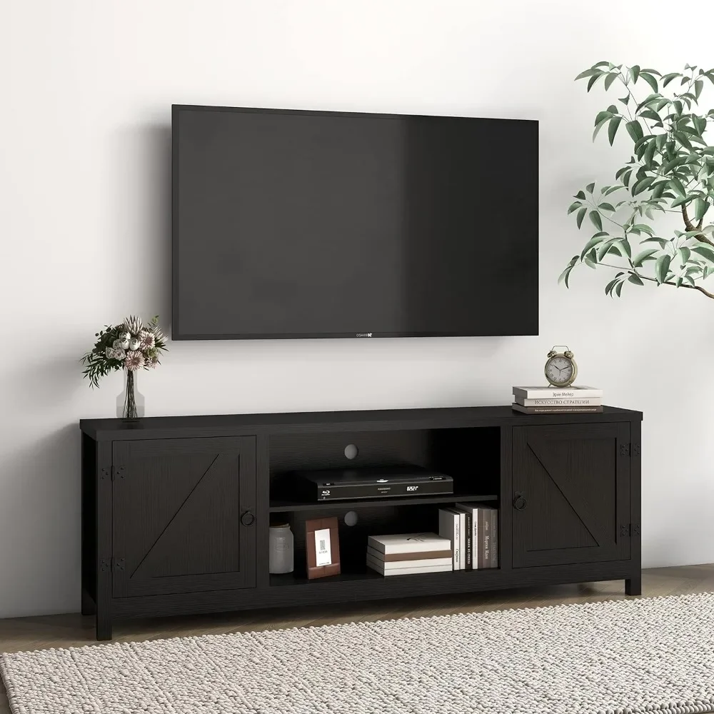 Centre de divertissement pour TV 70 "avec 2 portes et étagères ouvertes, support TV du milieu du siècle, salon et chambre à coucher, noir, 65"