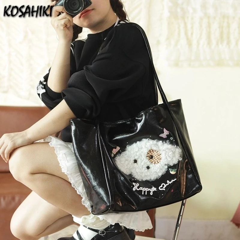 

Pu Leather Preppy 15 Inch Laptop Tote Bags New Women Students Kawaii Flocking Handbags Japanese Sweet Y2k Shoulder Underarm Bag