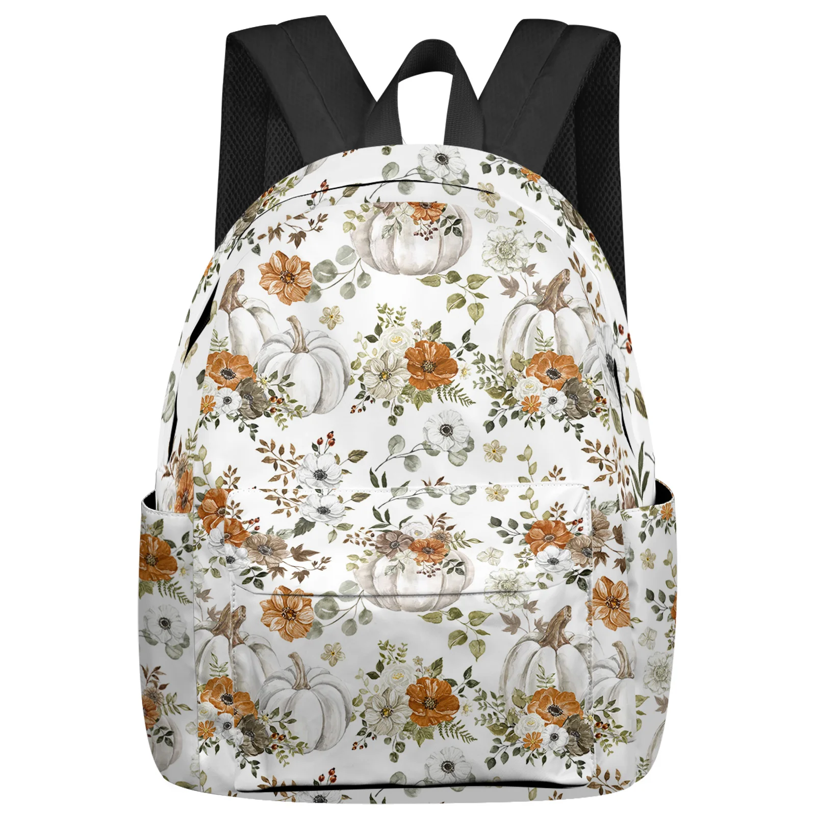 Autumn Pumpkin Flower Eucalyptus Leaf Texture Women Man Backpacks Waterproof School Backpack For Student Boys Girls Bag Mochila