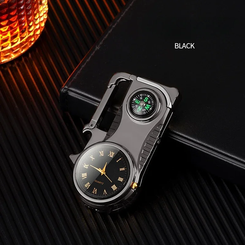 Multifunctional Compass with Dial Butane Gas Lighter Windproof Red Flame Portable Metal Outdoor Cigarette Lighter Gift for Men