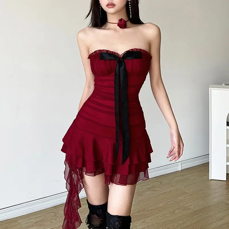 

French Bowknot Bustier Tube Dress Cake Dress Women Waist Slimming Bodycon Hot Girl Dress