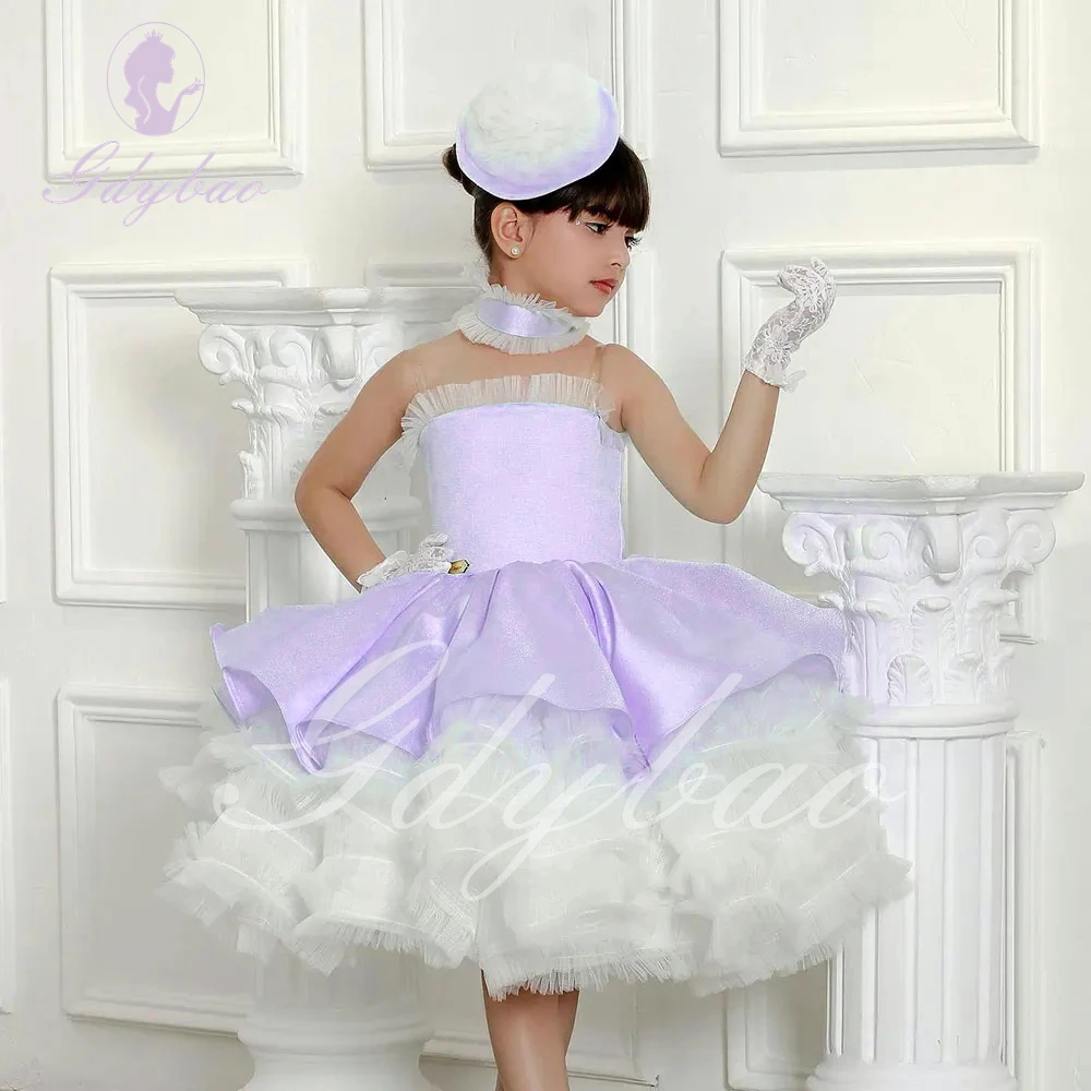 

Purple Satin Flower Girl Dress for Wedding Puffy Tulle Layered Princess Kids Birthday Party First Communion Ball Gown