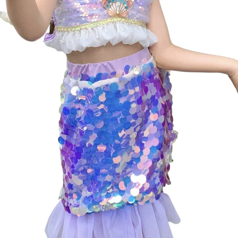 2024 Toddler Mermaid 2pcs Set for Girls Sparkle  Tail Costume Cospaly Suit Sleeveless Suspender Skirt Girls Summer Clothes