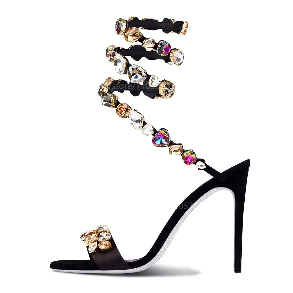Satin Crystal Tassel High Heel Sandals Ankle Cross Strap Chandelier Rhinestone Stilettos Party Wedding Prom Women Dress Shoes view 4