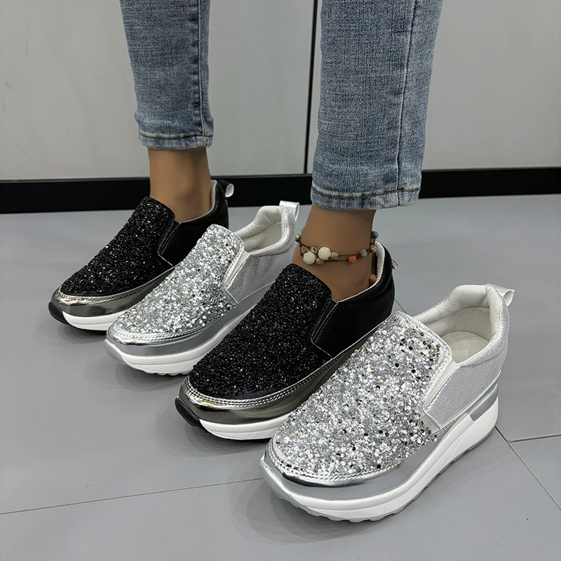 2024 Spring and Autumn Women\'s Loafers Silver Sneakers Rhinestone Platform Shoes Inner Heightening Sneakers Zapatos De Mujer