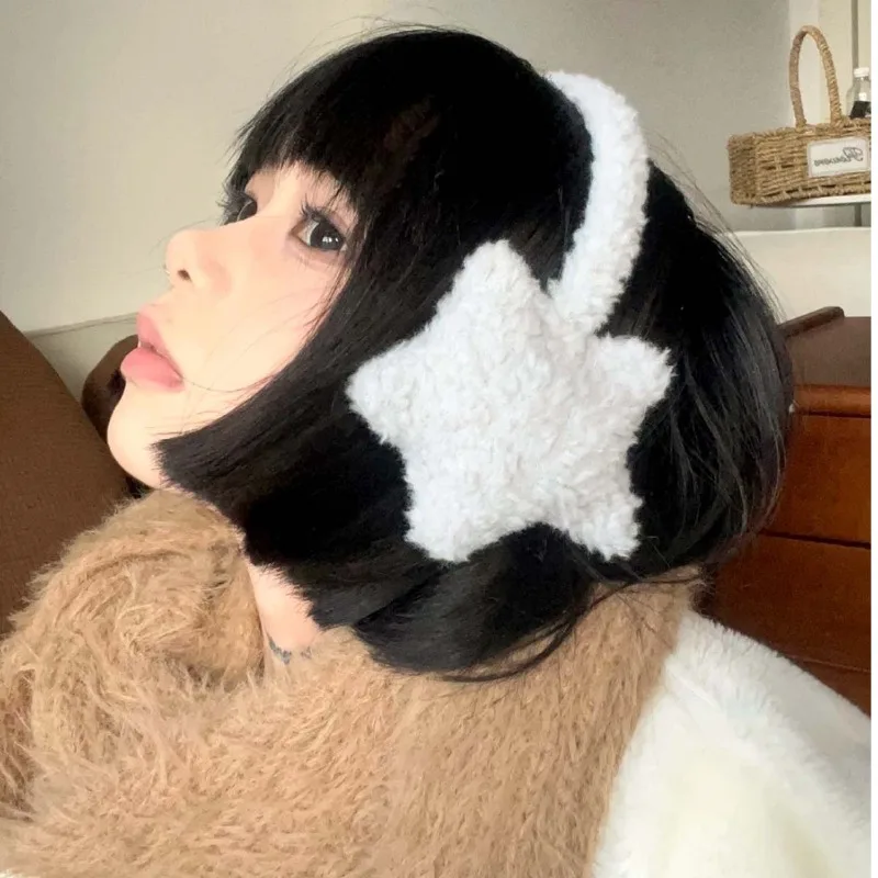 Y2K Star Fluffy Earmuffs Earplugs Cold Protection Women Ear Cover Keep Warm Solid Color Plush Earmuffs Cycling Accessories