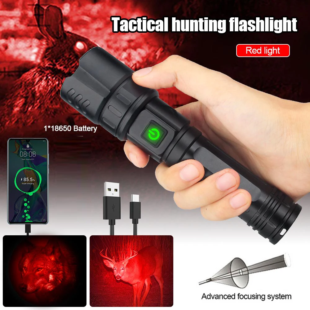 High Power Military Tactical Green Hunting Flashlight 10W 1800lumens 5 Lighting Modes LED Torch Zoomable Camping Hand Lamp