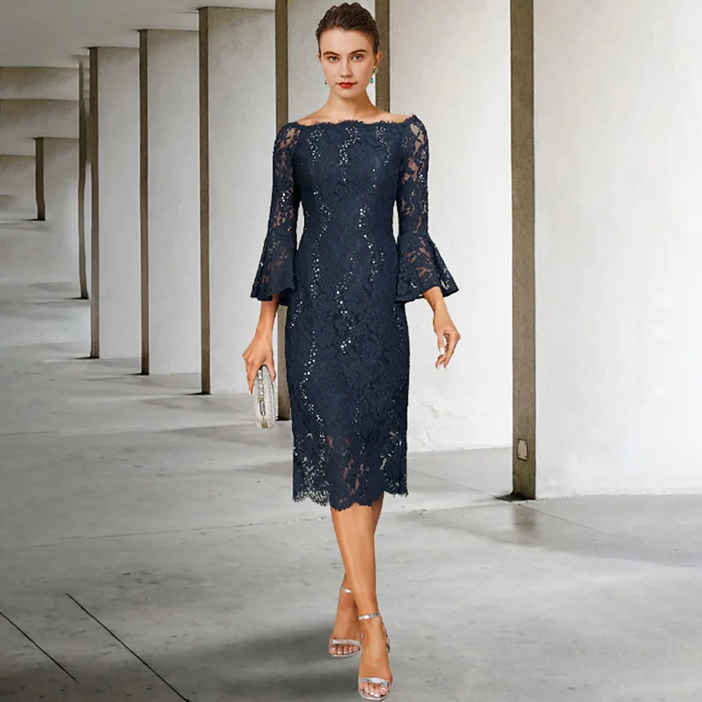 

Vintage Lace Mother of The Bride Dress 3/4 Sleeves Jewel Neck Applique Sequin Tea Length Women Guest Gown for Wedding 2023