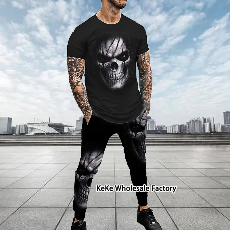 Men T-shirt Trousers Sets Tracksuit Skull 3D printed 2 Piece Outfits Man Sportswear Short Sleeve Streetwear Long Pants Set