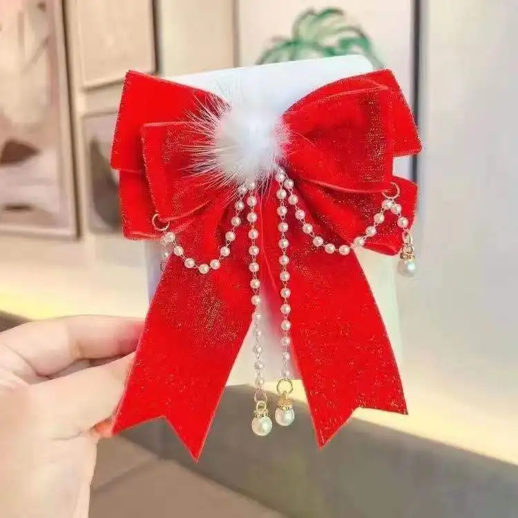 الفتيات الاطفال لطيف الأحمر المخملية المهرجانات دبابيس الشعر اكسسوارات الشعر السنة الجديدة الأطفال القوس الشريط مقاطع الشعر المشابك أغطية الرأس الجديدة