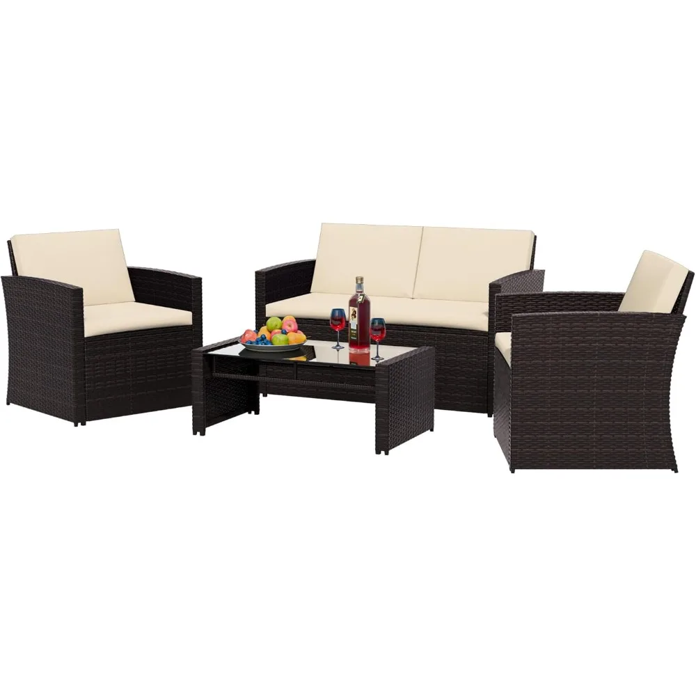 

4 Pieces Patio Furniture Set, Outdoor All Weather PE Rattan Wicker Conversation Set with Glass Top Table, 2 Armchair, 1 Loveseat