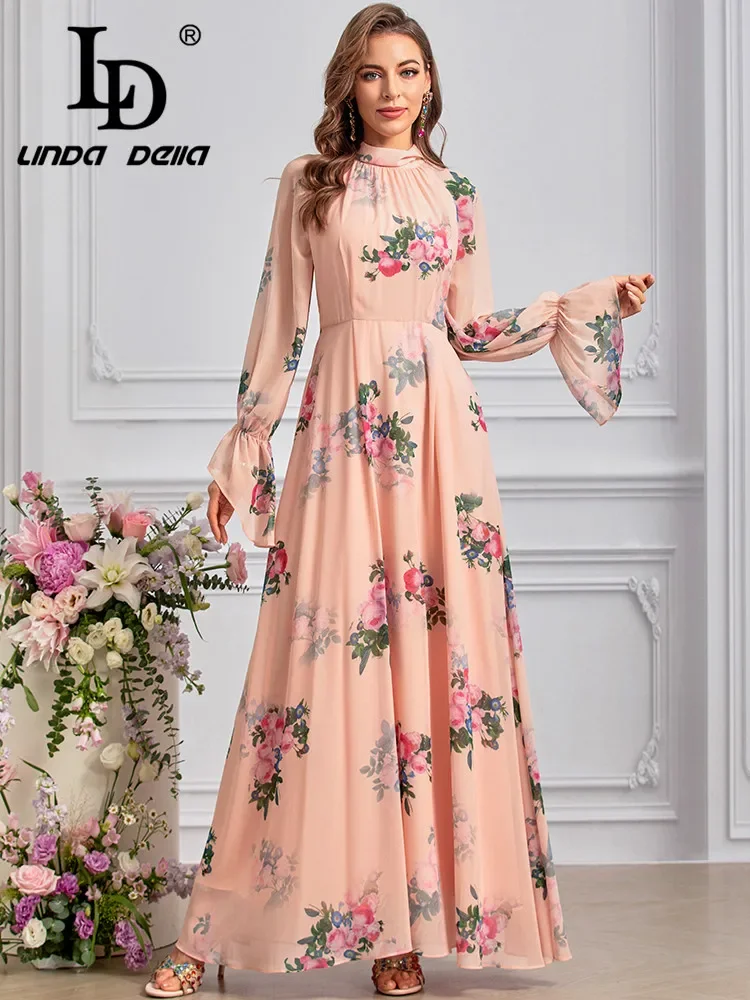 

LD LINDA DELLA 2024 New Style Runway Designer Dress Women's Bohemian Floral Print Chiffon Lace Up Bow Flare Sleeve Dresses