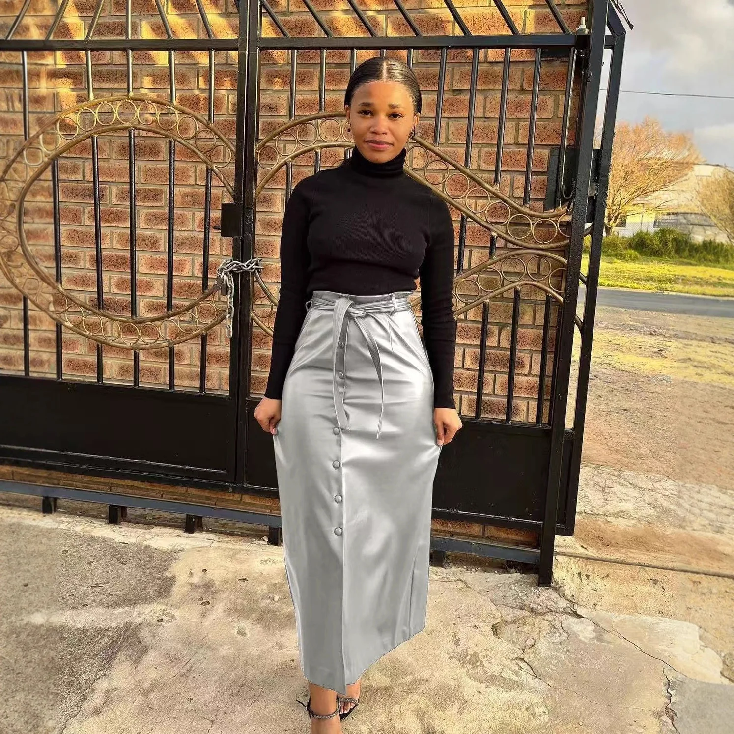 우아한 Pu 가죽 롱 스커트 여성 패션 가을, 겨울 의류 빈티지 벨트 하이 웨이스트 맥시 스커트 캐주얼 streetwear