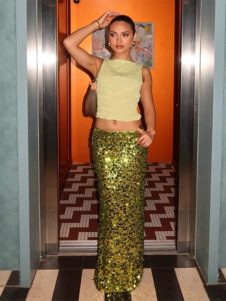 

Sexy Sequin Long Skirts Women Slim High Street Fashion Chic Shiny Skirt Female 2025 Summer New Solid Beach Party Streetwear Lady
