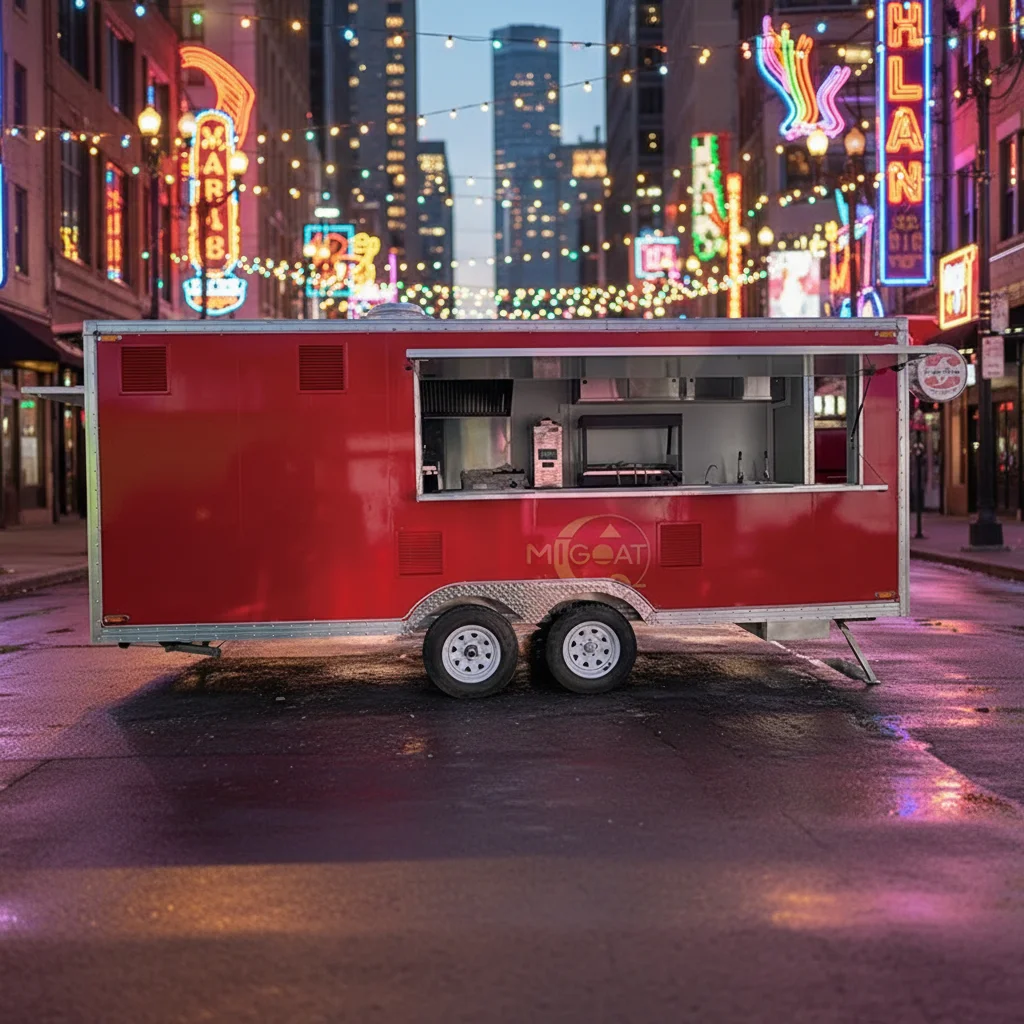 

Красный мобильный кухонный фургон из нержавеющей стали с вытяжкой и коммерческим холодильником для уличной торговли едой