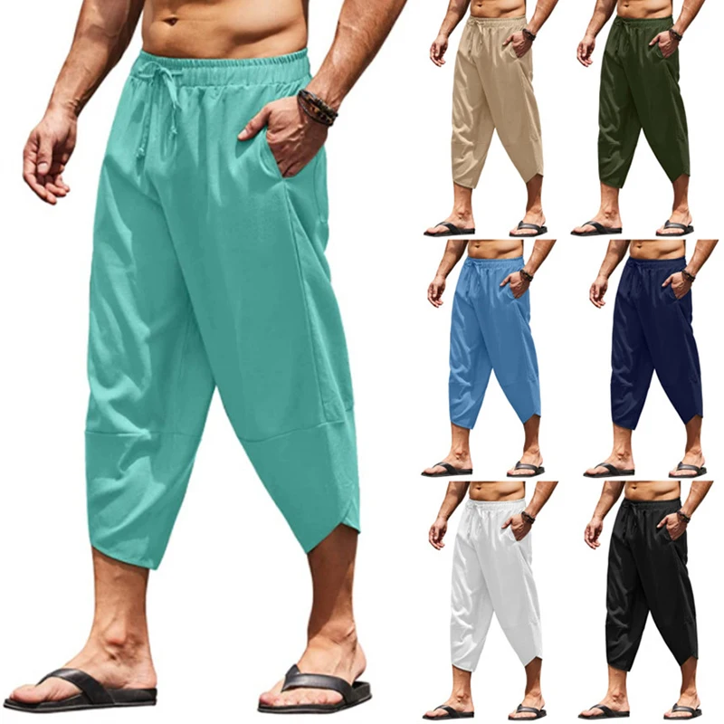 

Men Cotton Linen Harem Pants Casual Loose Cropped Pants Summer Solid Color Drawstring Wide Leg Beach Trousers Fashion Sports Pan