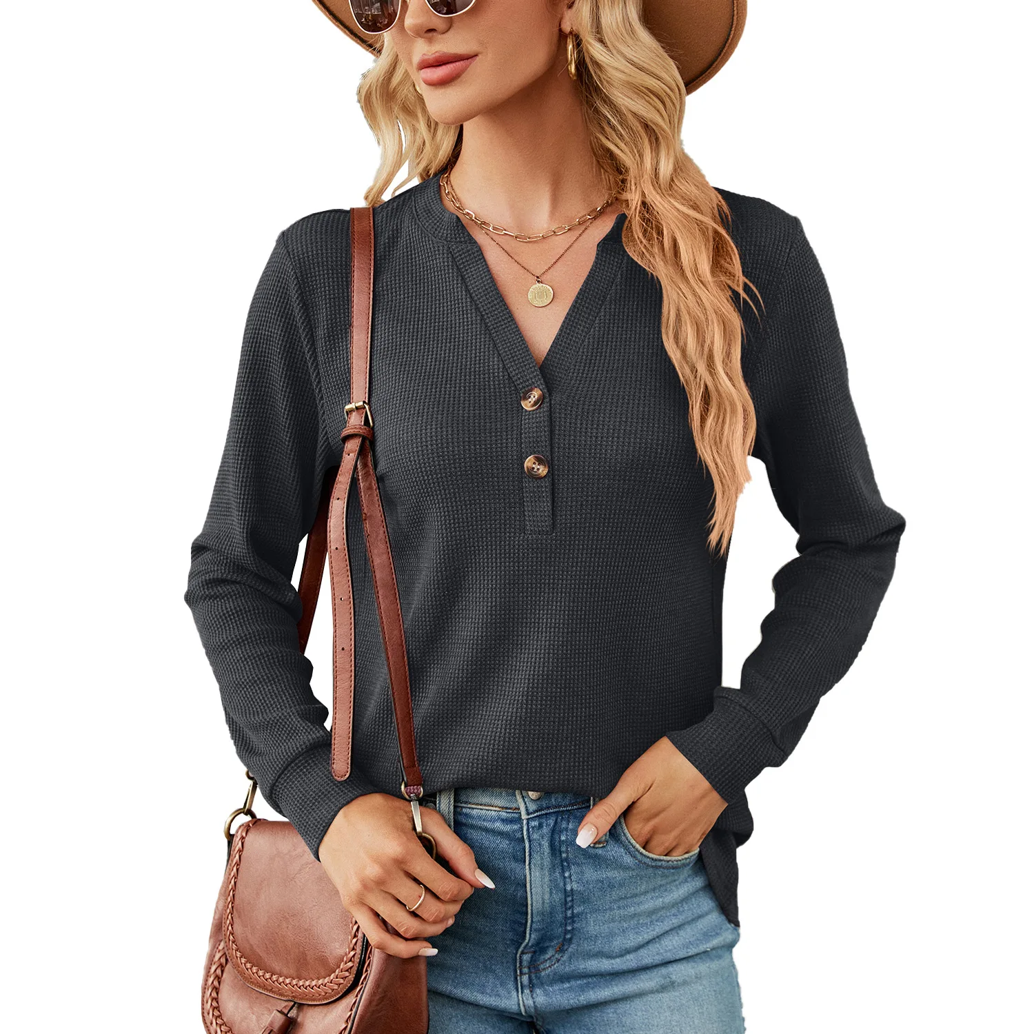 

Autumn and Winter New Solid V-Neck Button Loose Long Sleeve T-shirt Top Women's Wear