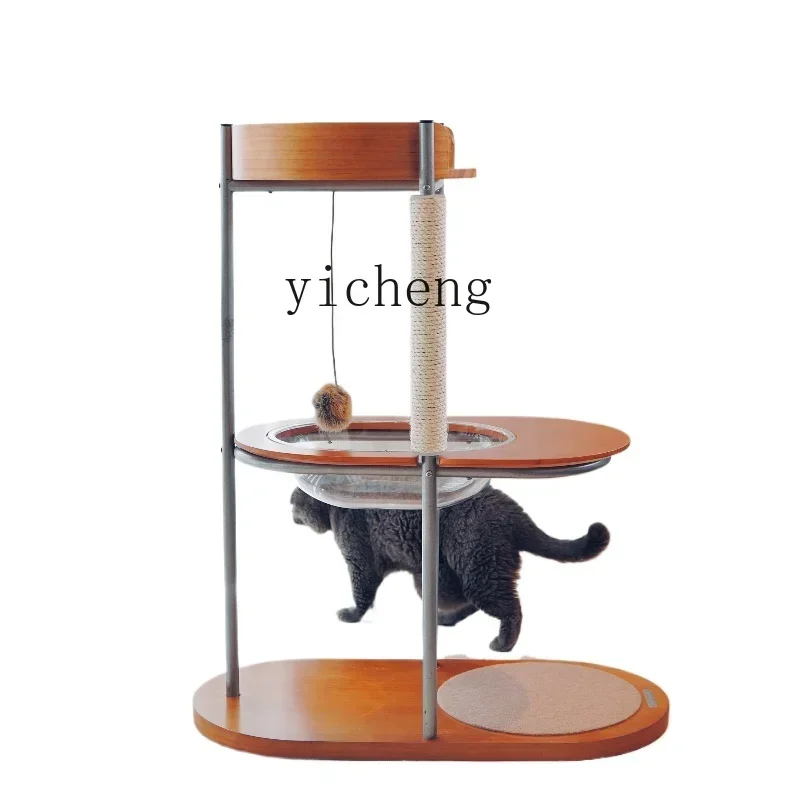 H19- minimalist cat climbing frame cat solid wood  climbing frame cat nest integrated sisal space bowl