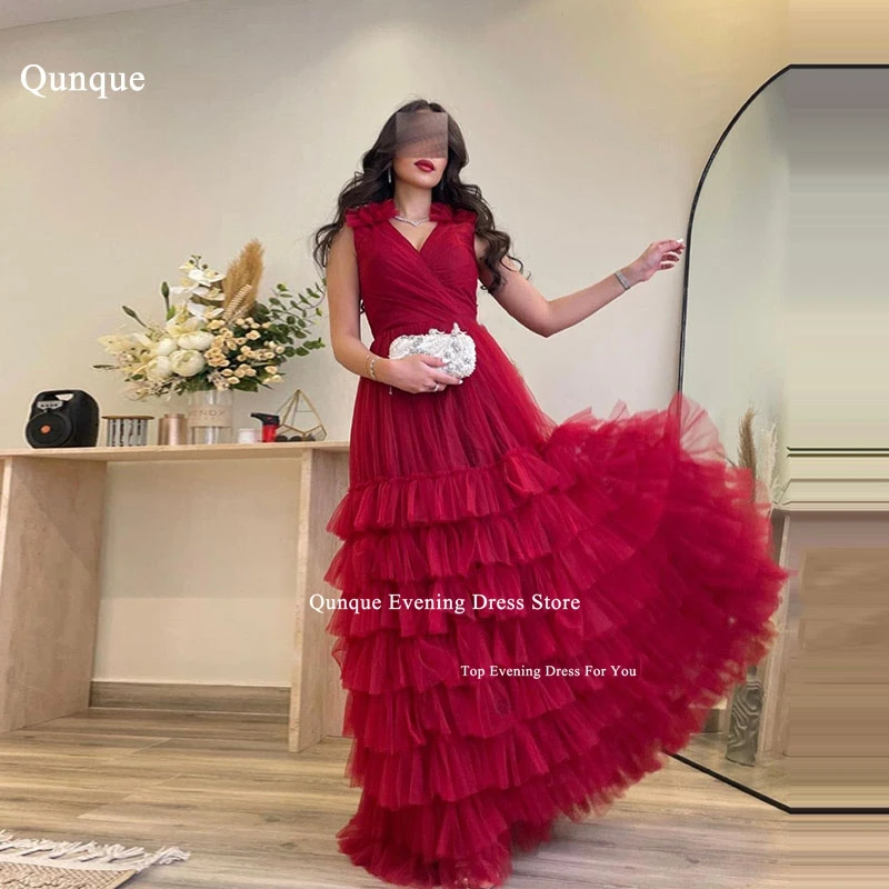 

Qunque V-neck Long Burgundy Prom Dress فساتين سهرة Tiered Tulle Celebrity A Line Pearls Birthday Evening Gown вечернее платье