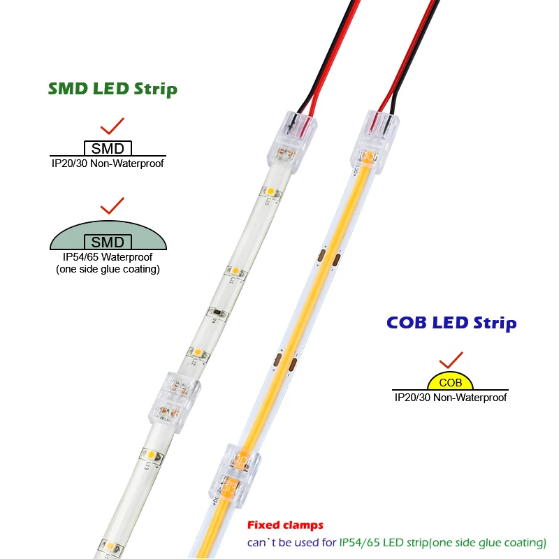 COB LED 스트립 커넥터 테이프 조명 L자형 코너 커넥터, SMD COB 5050 2835 스트립 조명 고정 클램프, 8mm 10mm 2 핀