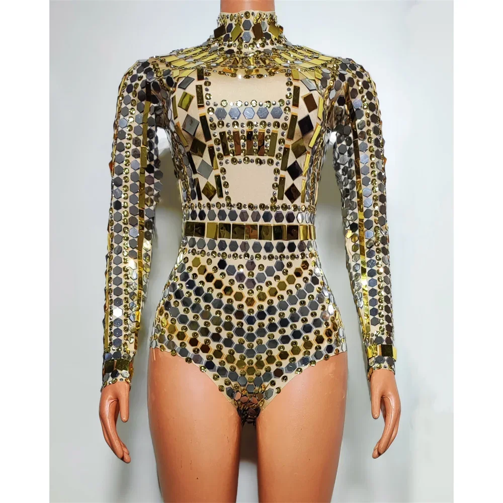 Seksowna sukienka z cekinami, złoty kombinezon z efektem lustra, damski strój do tańca nowoczesnego jazzowego, krótki strój sceniczny, ubrania do występów, kostium na imprezę w klubie nocnym, strój DS.