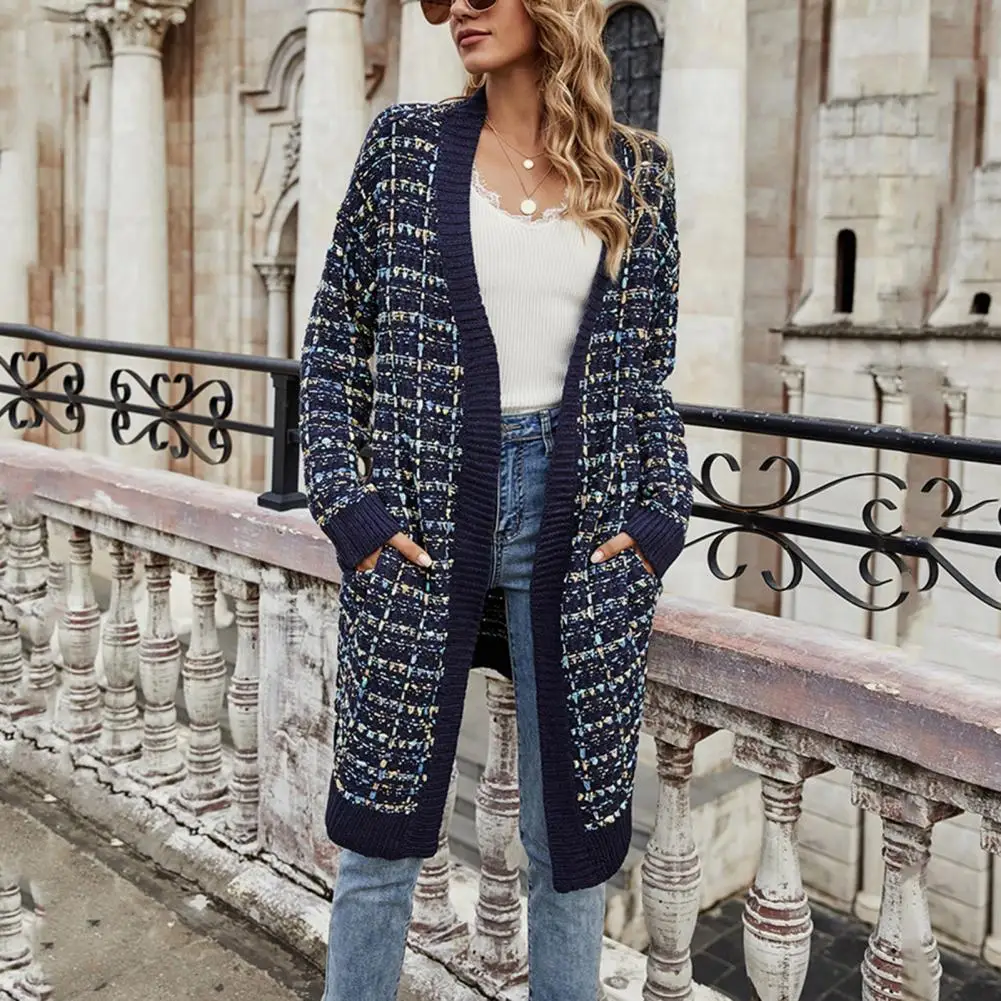 Long Sleeve Side Pockets Open Stitch Knitted Cardigan Autumn Winter Multicolor Knitted Mid-Length Sweater Coat Outerwear 가디건